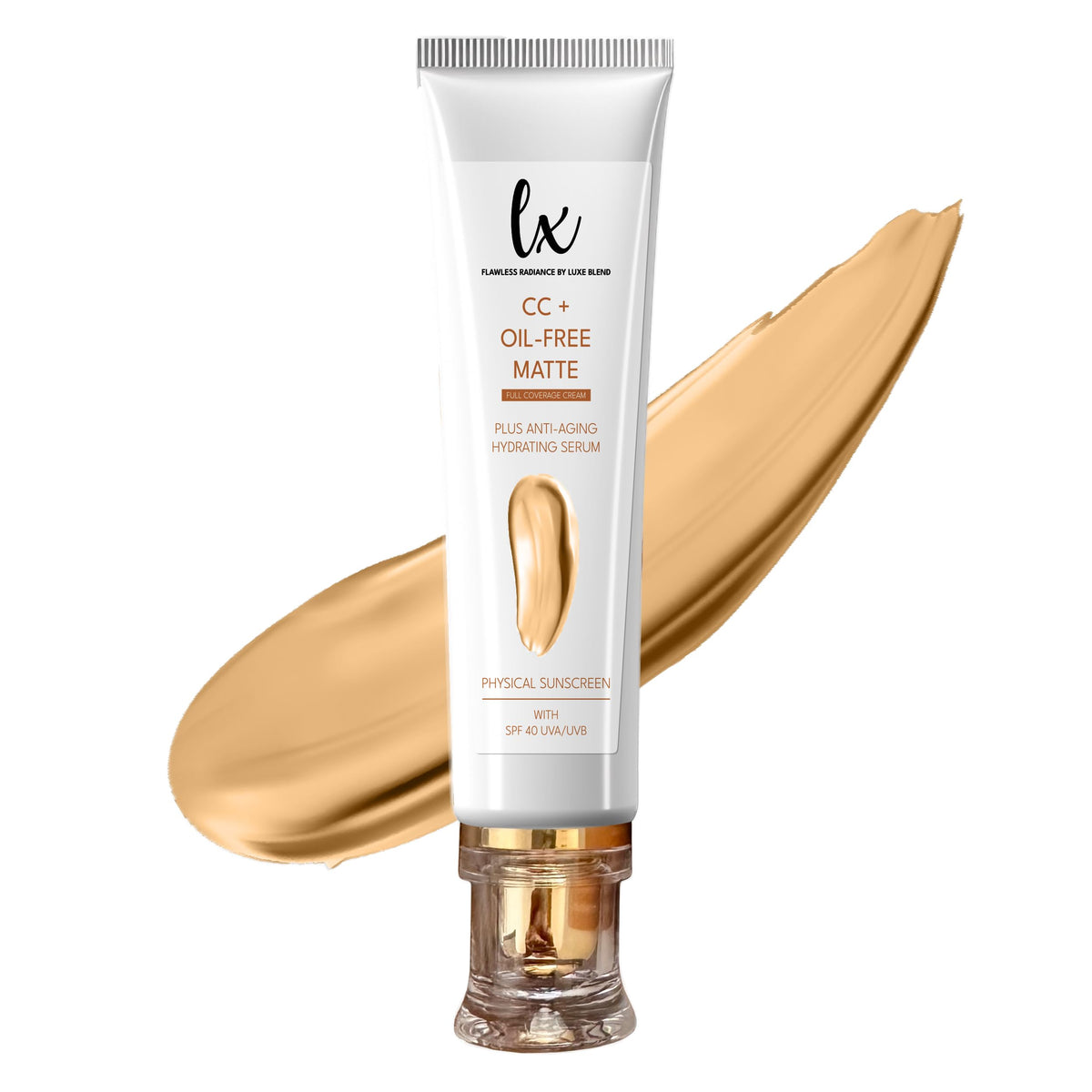 Flawless Radiance by Luxe Blend CC+ Cream bottle shows oil-free matte finish for all-day wear.