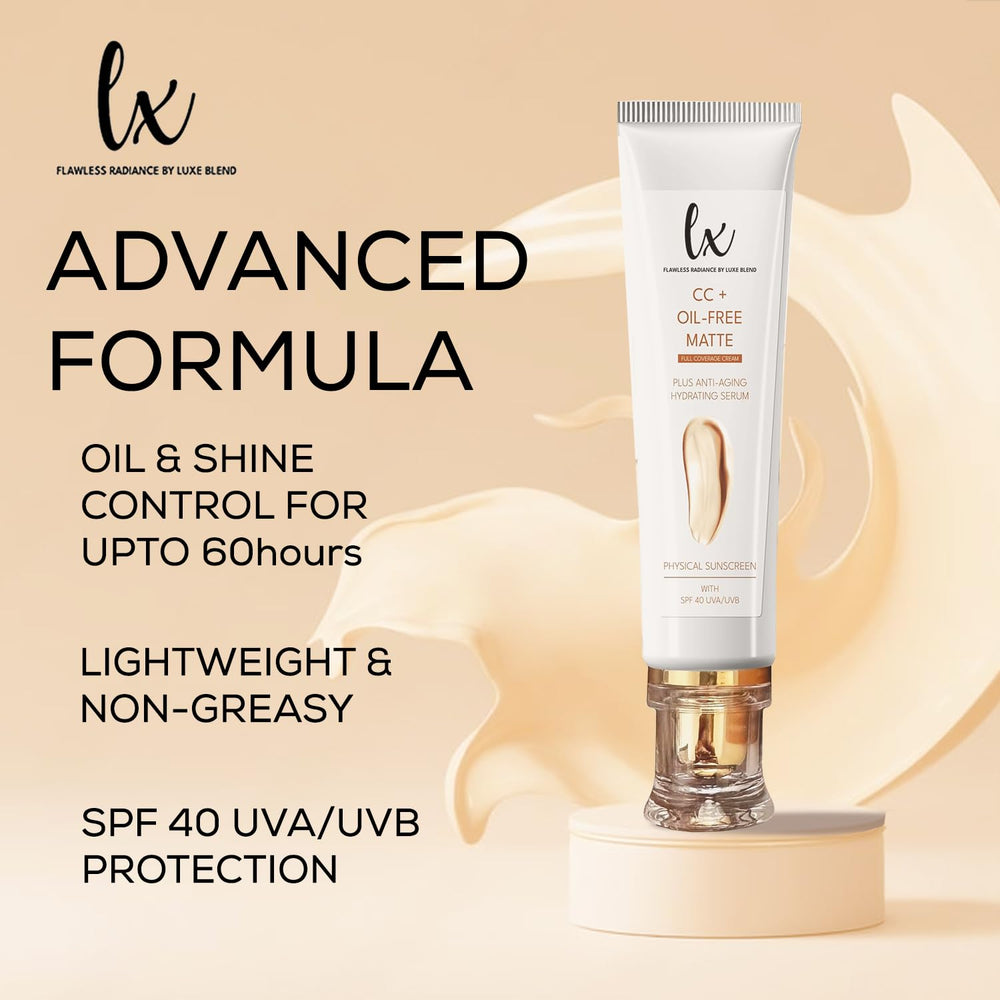 Flawless Radiance by Luxe Blend CC+ Cream SPF 40 label highlights UVA/UVB protection for daily use.