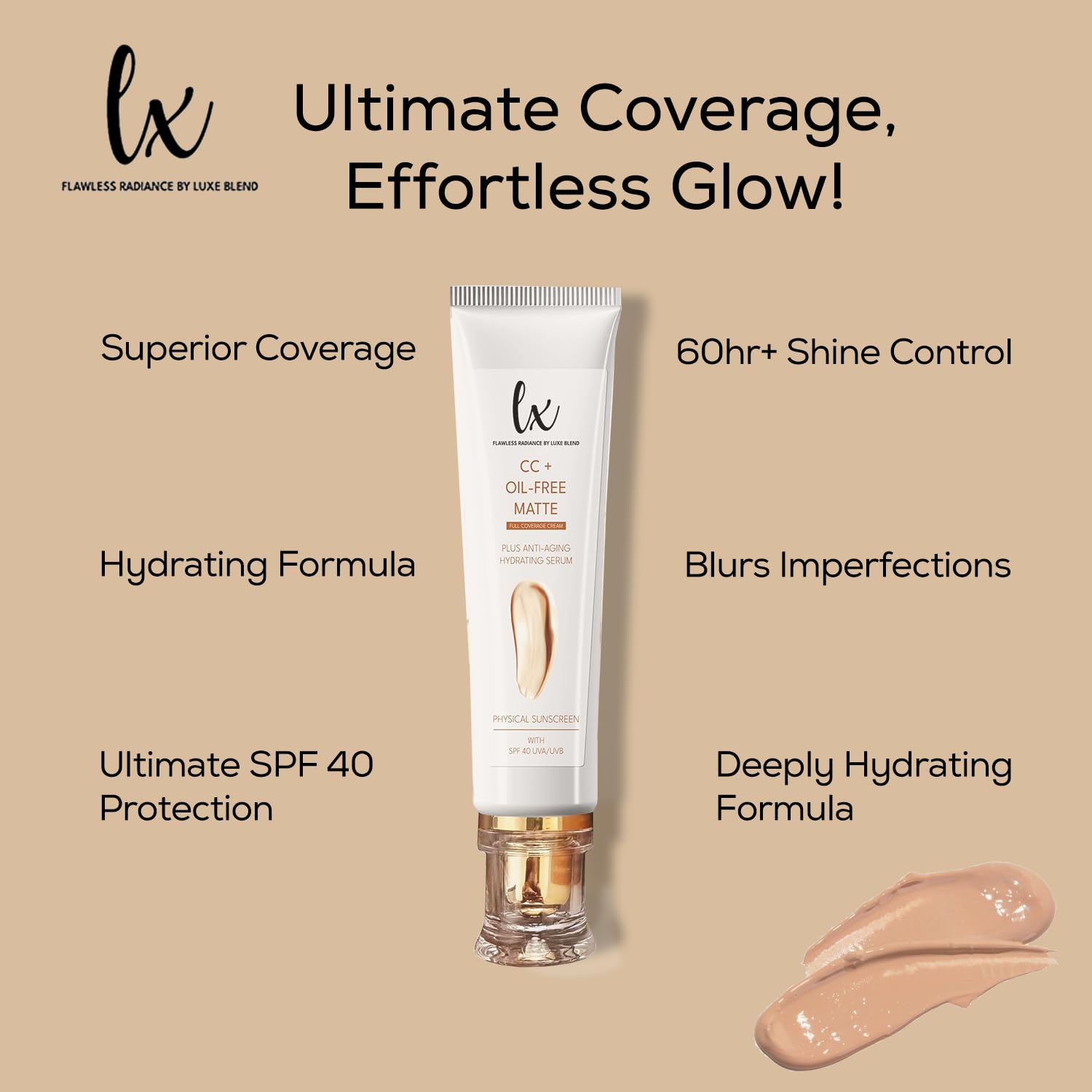 Arm swatch of Luxe Blend CC+ Cream shows buildable coverage and natural look.