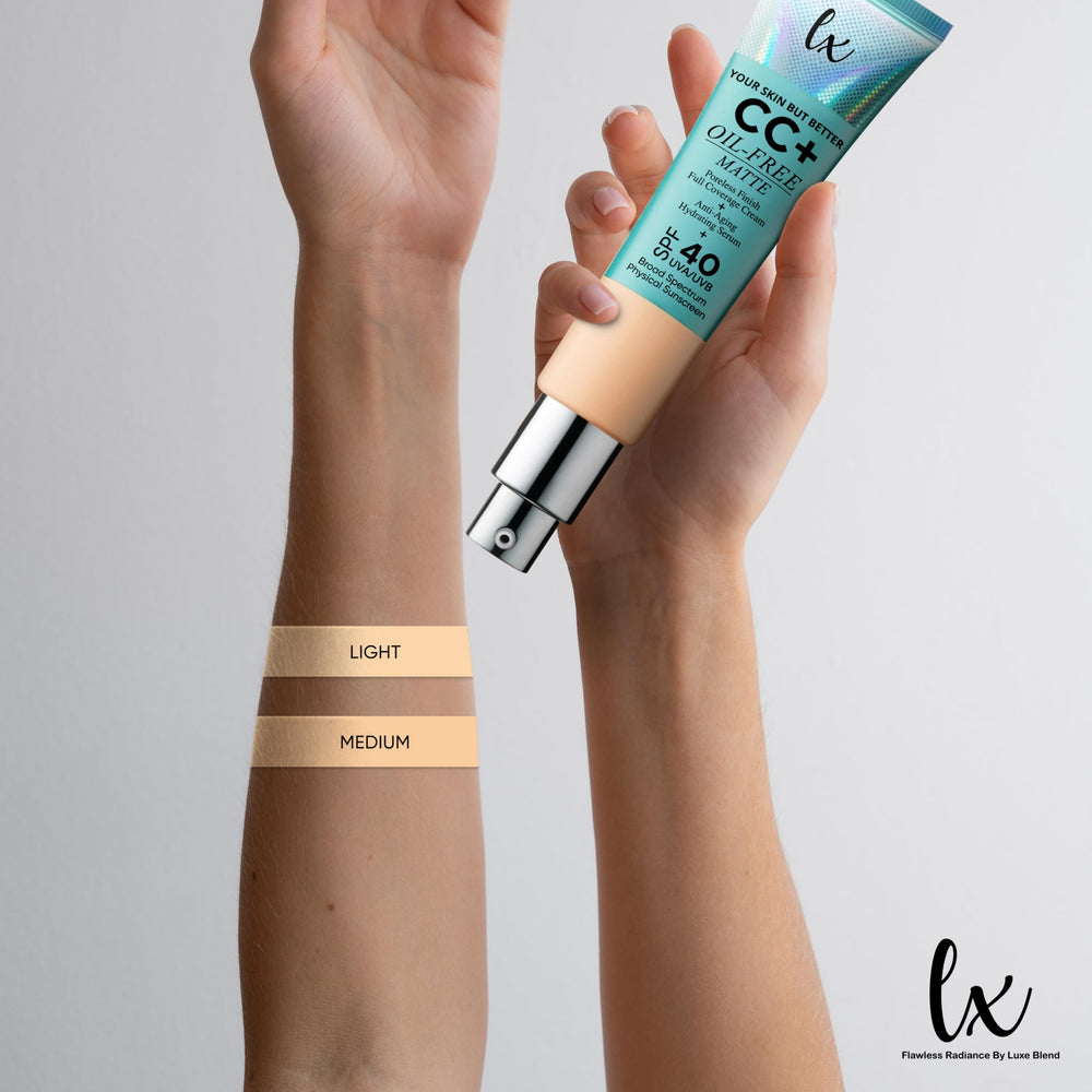 Flawless Radiance Luxe Blend LX Blend CC Cream Light swatches show color correction and long wear