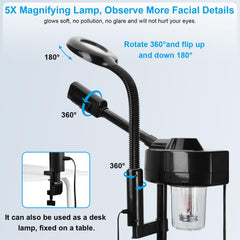 FLOLXNB 5X magnifying lamp shown for detailed skin observation.