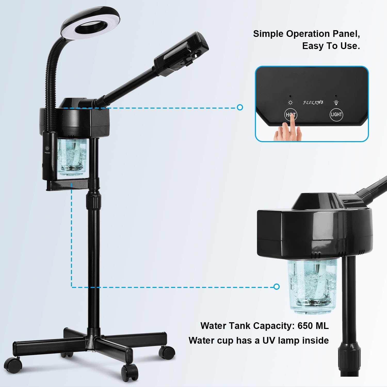FLOLXNB rotatable lamp arm adjustable for precise treatment positioning.