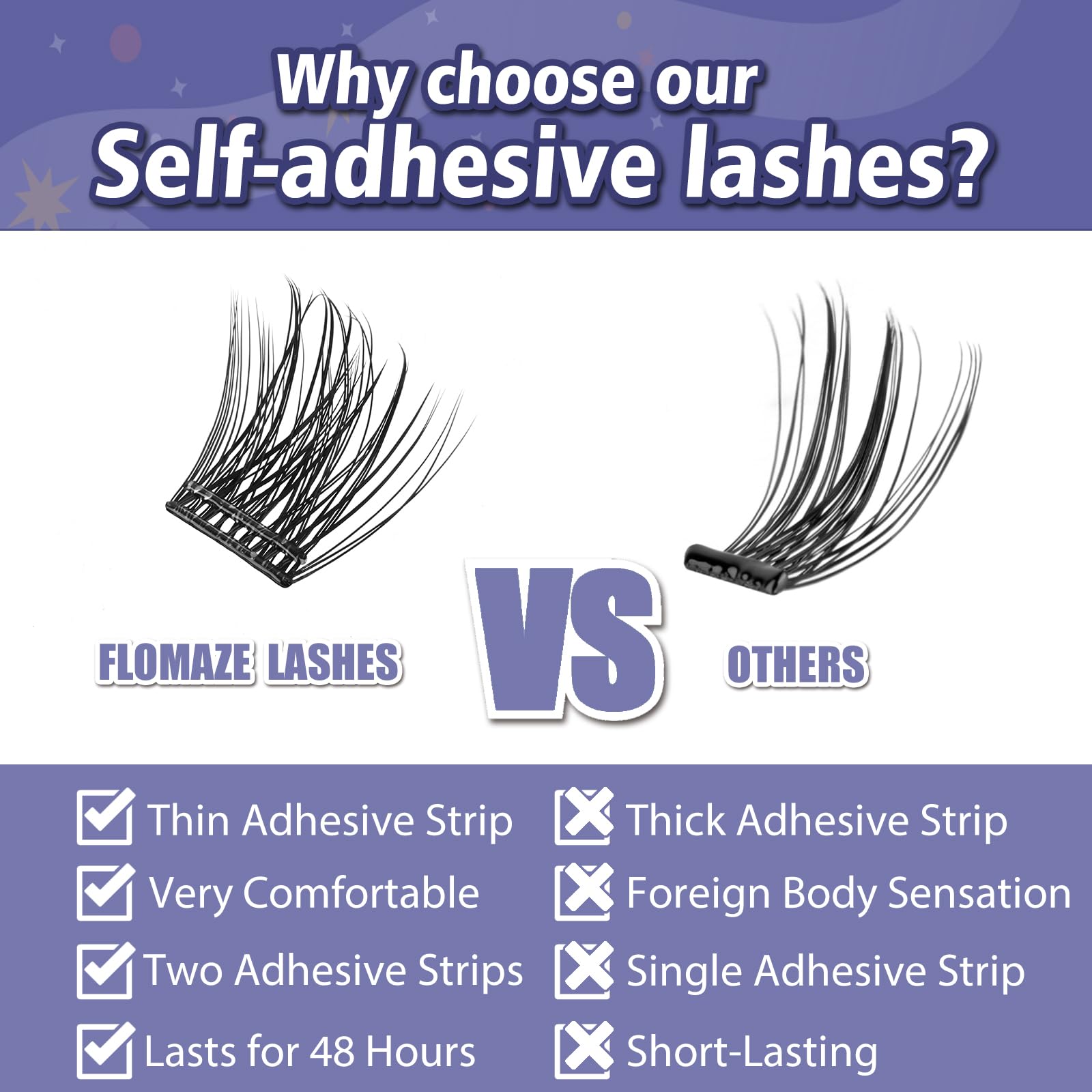 FLOMAZE display highlights 156-cluster lashes and length variety for customized looks.