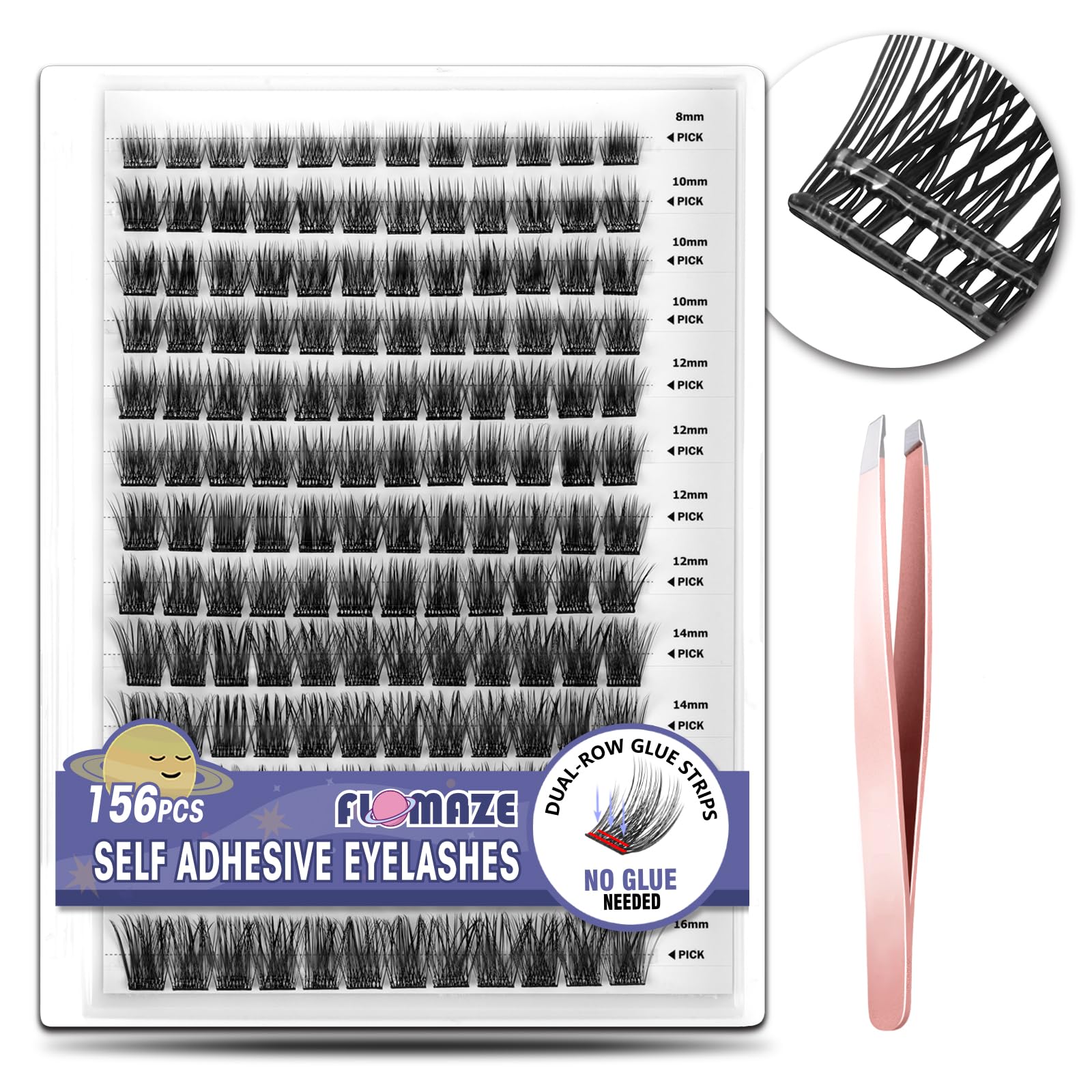 FLOMAZE packaging front view shows 156 self-adhesive lash clusters for easy planning.