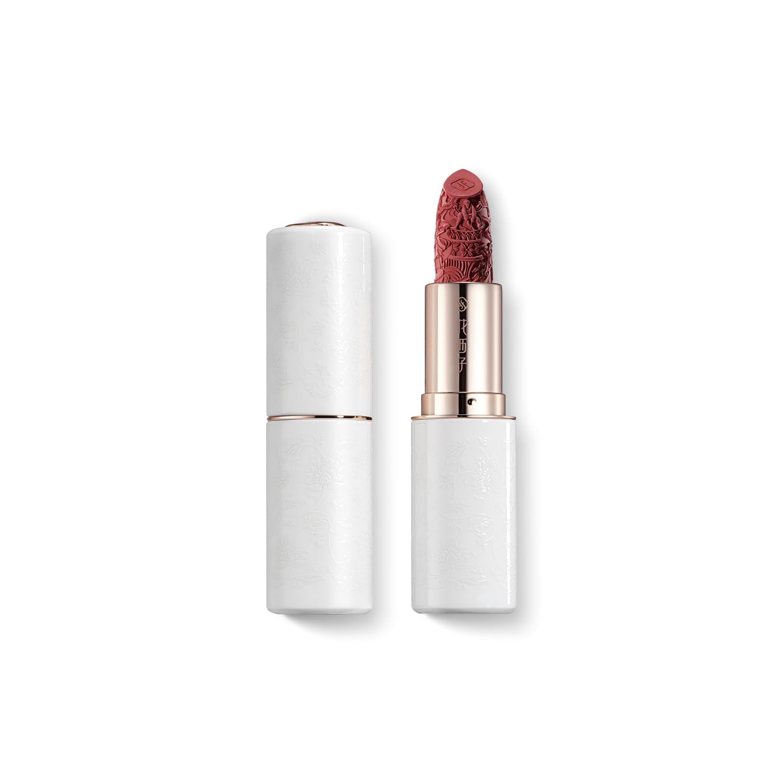 FLORASIS Blooming Rouge Plum Royale lipstick cap close-up highlighting porcelain-inspired elegance