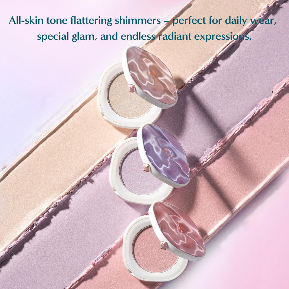 FLORASIS Gentle Waves Aqua Glow Highlighter 03 Lilac Haze swatches show a purple shimmer for a luminous look.