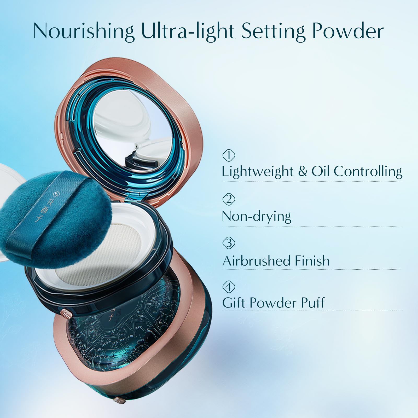 FLORASIS powder jar close-up showing silky texture for oil control