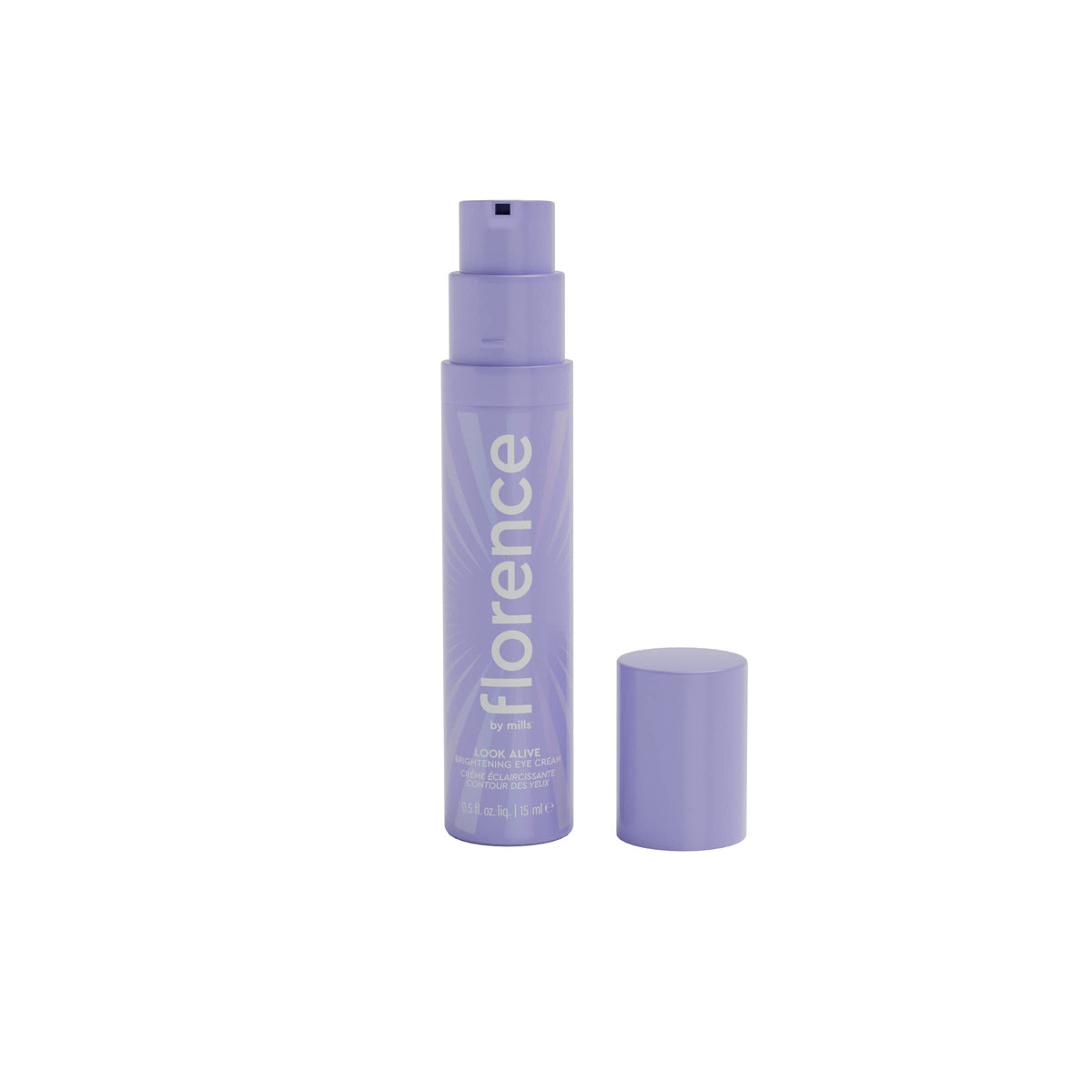 Florence by Mills Look Alive Eye Cream bottle with pump for radiant under-eye hydration.