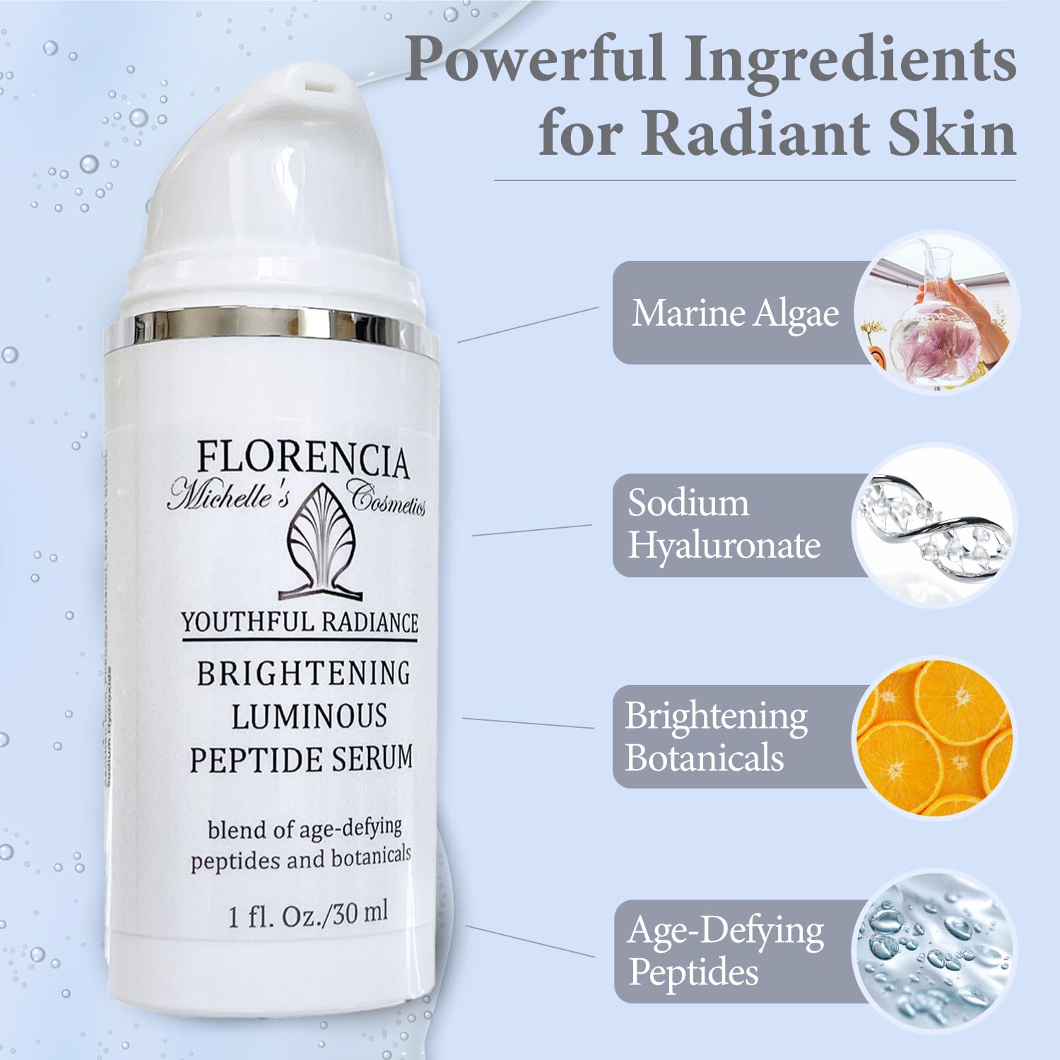 Florencia serum ingredients include CoQ10 and green tea for antioxidant support