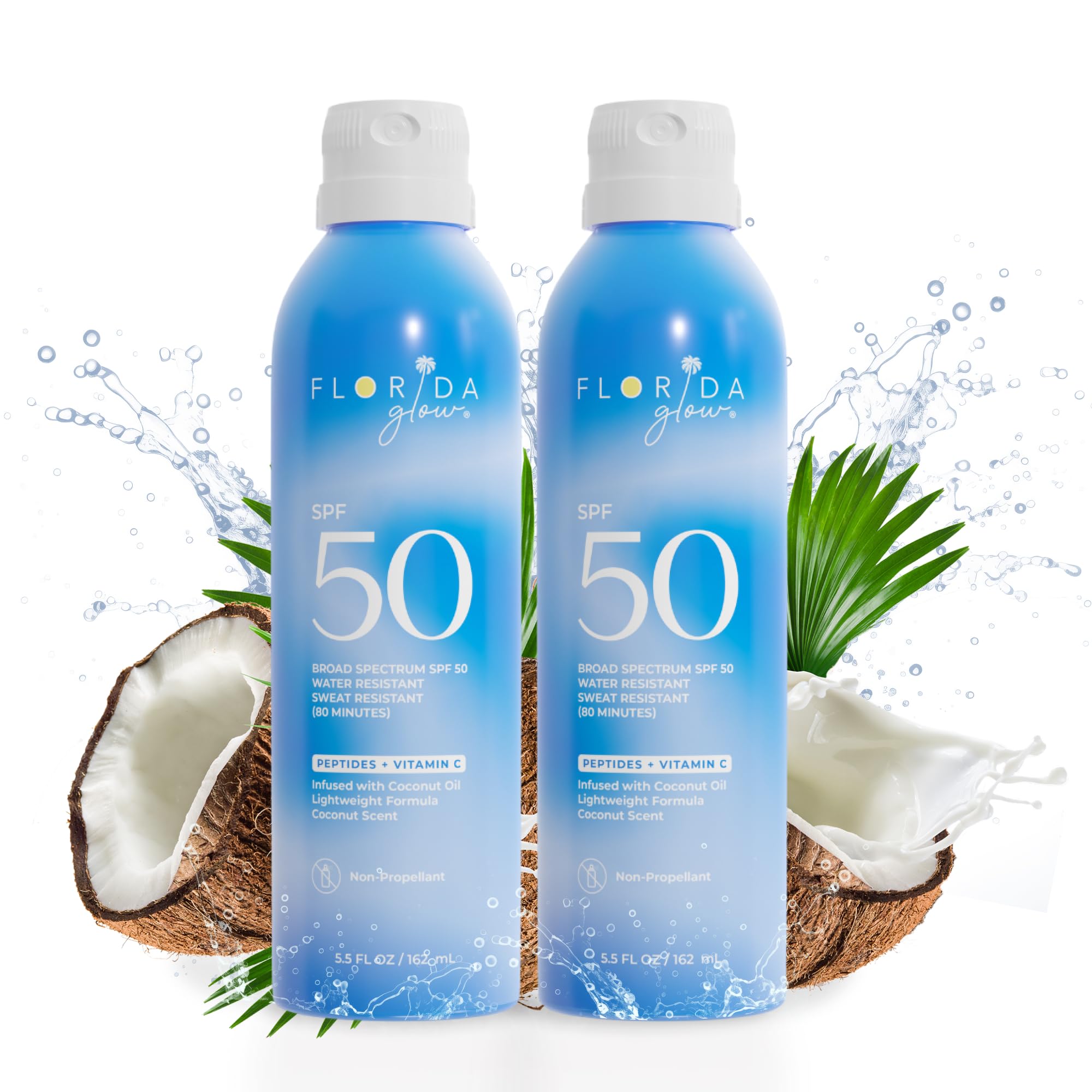 Florida Glow SPF 50 sunscreen spray bottle for reef-friendly sun protection.