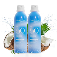 Florida Glow SPF 50 sunscreen spray bottle for reef-friendly sun protection.