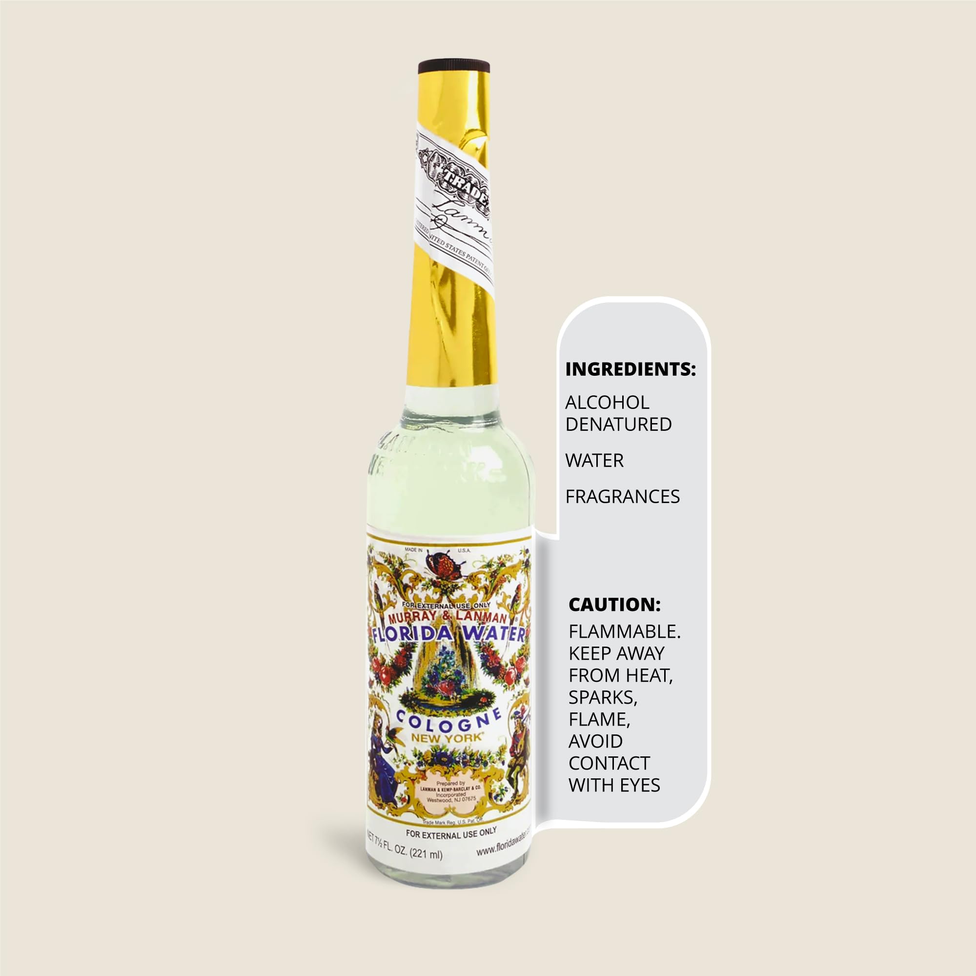 Close-up of Florida Water Cologne bottle label for daily refresher use.