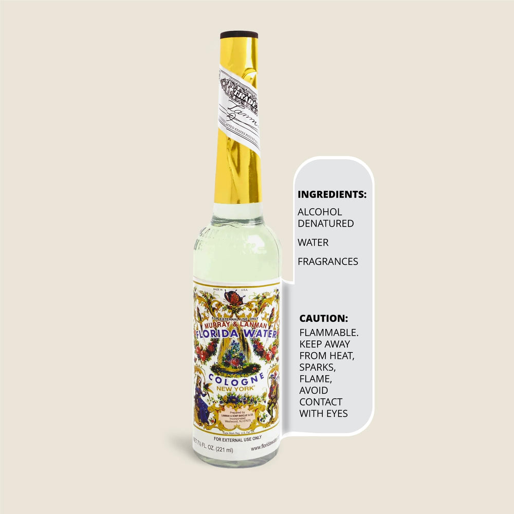 Close-up of Florida Water Cologne bottle label for daily refresher use.