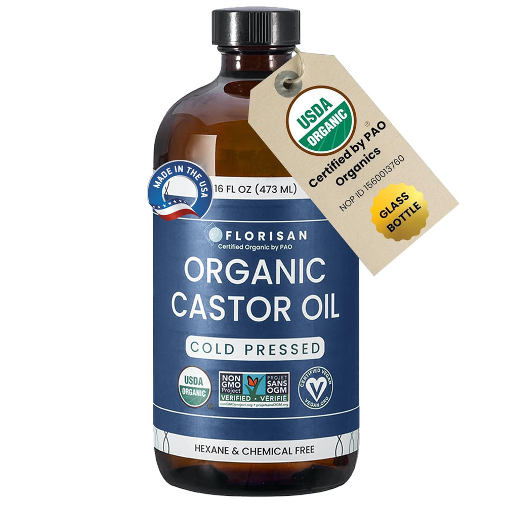 Florisan castor oil 16oz glass bottle for skin and hair care, pure and premium.