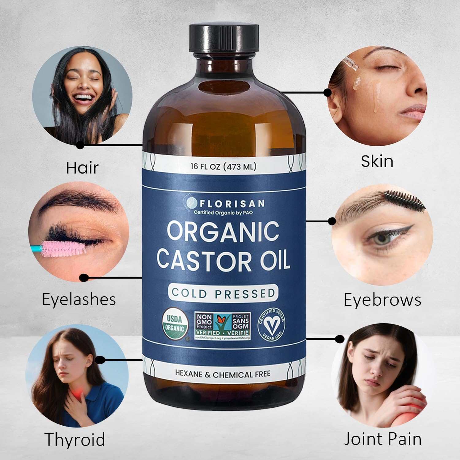 Florisan castor oil used on hair, nourishing scalp and strands.