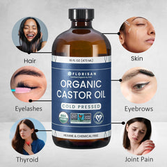 Florisan castor oil used on hair, nourishing scalp and strands.