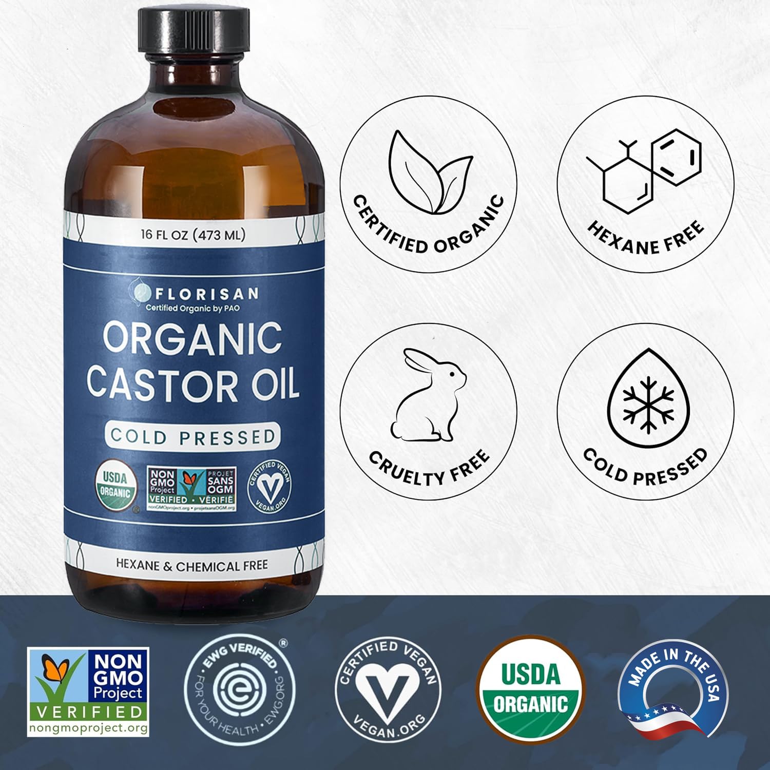 Florisan cold-pressed castor oil applied to skin for hydration.