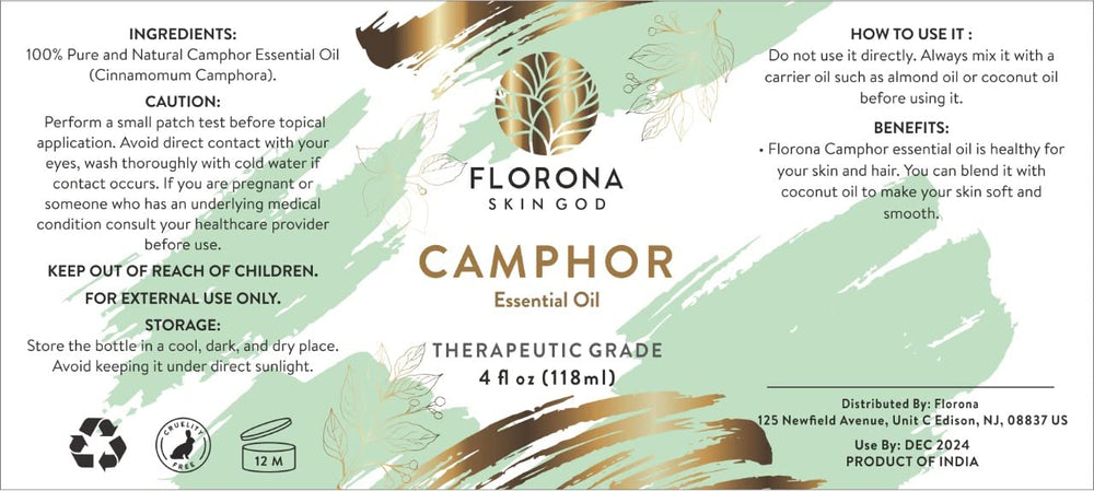 Florona Camphor Oil used in hair care for potential scalp refreshment and shine.