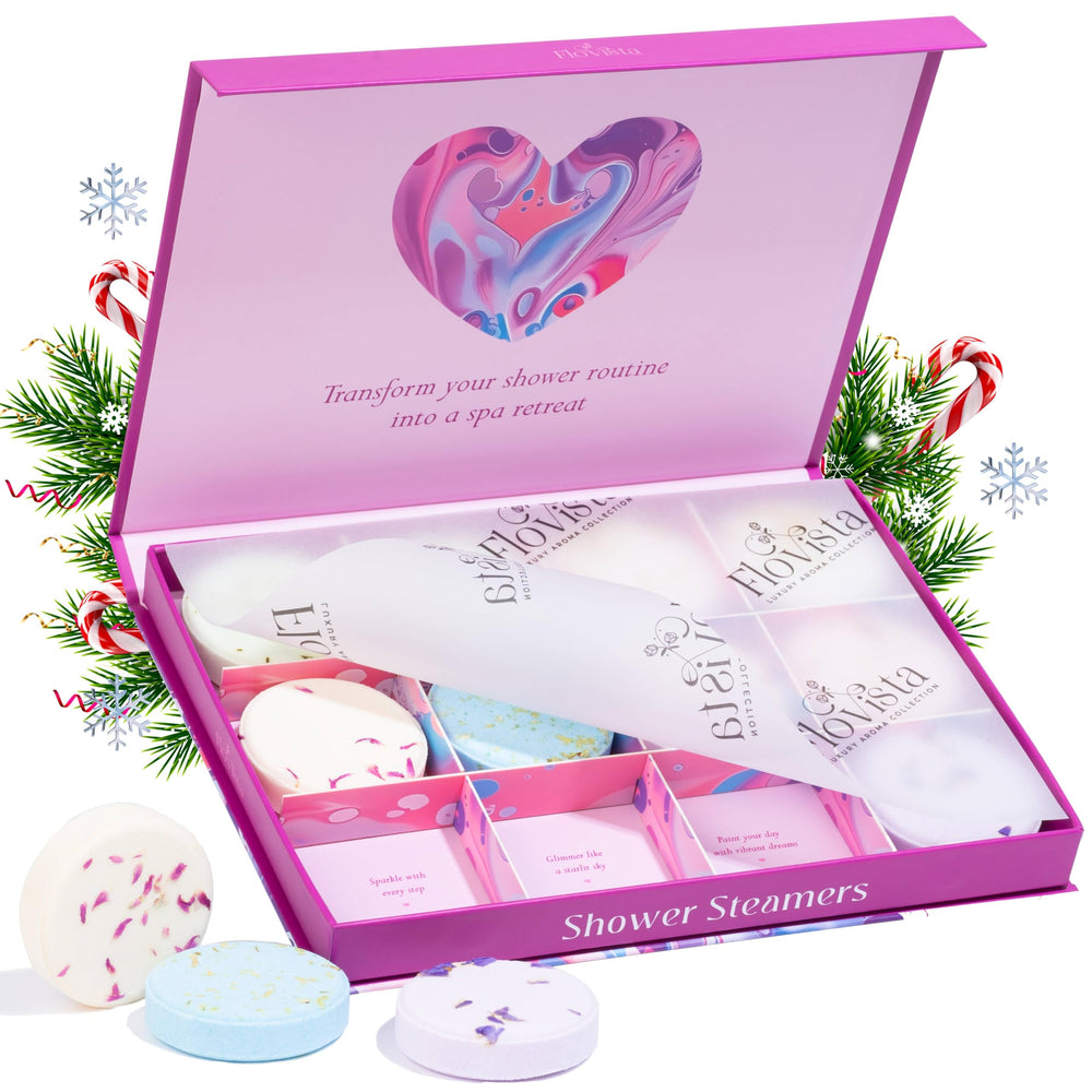 Flovista aromatherapy shower steamers gift box with twelve tablets in premium packaging.