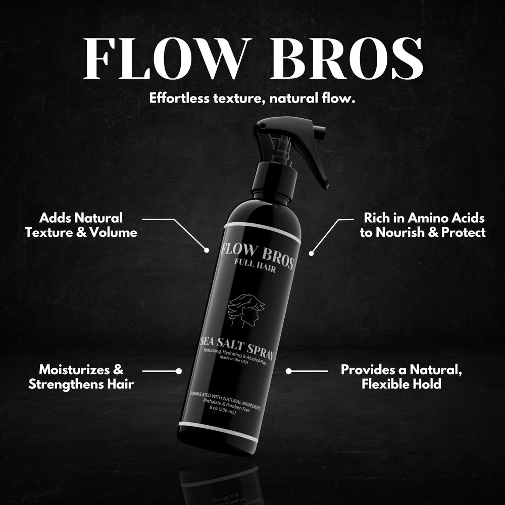 Flow Bros Sea Salt Spray packaging emphasizes nourishing, clean formulation.