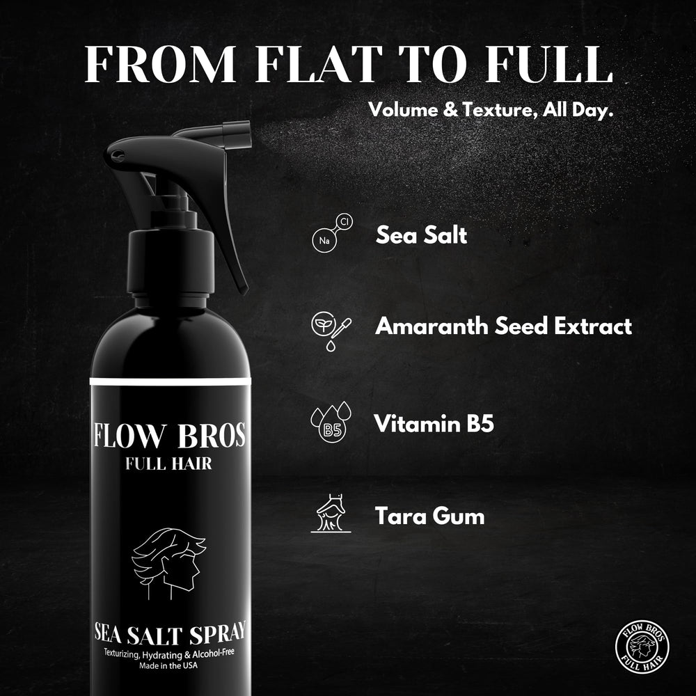 Flow Bros Sea Salt Spray scene demonstrates easy, pre-styler usage for on-the-go styling.
