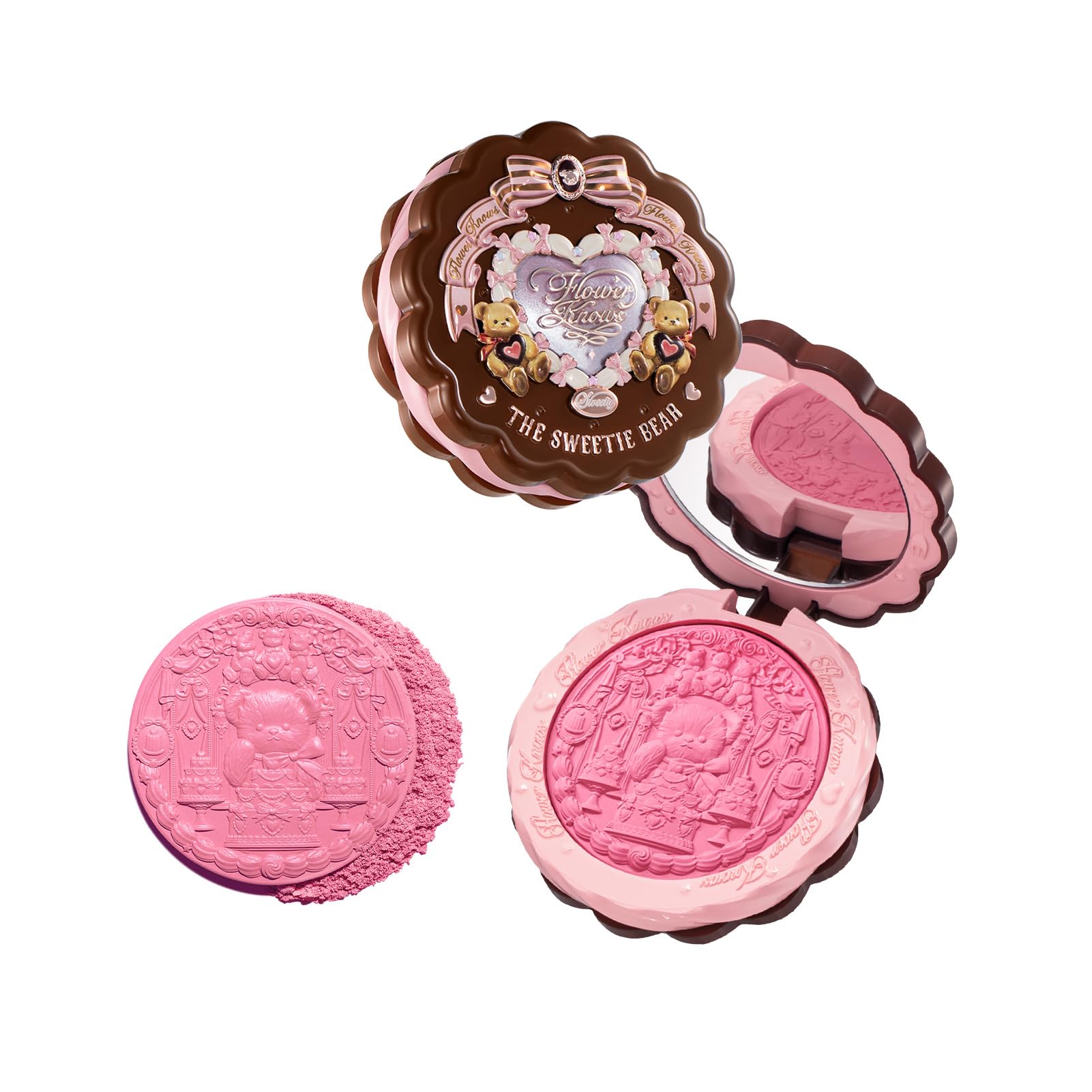 Flower Knows Sweetie Bear biscuit compact for portable touch-ups.