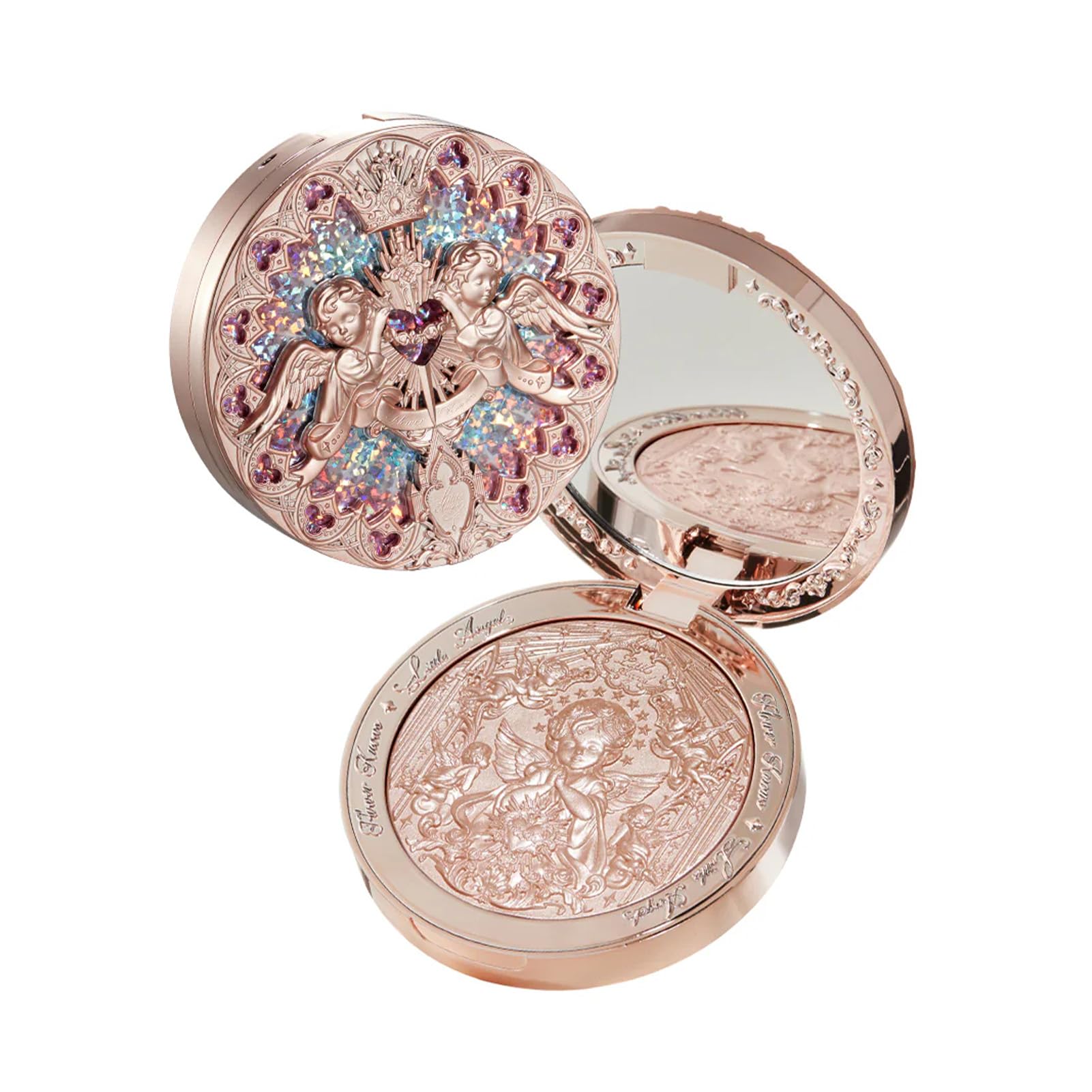 Flower Knows Little Angel embossed highlighter bottle in rose champagne for luminous skin.
