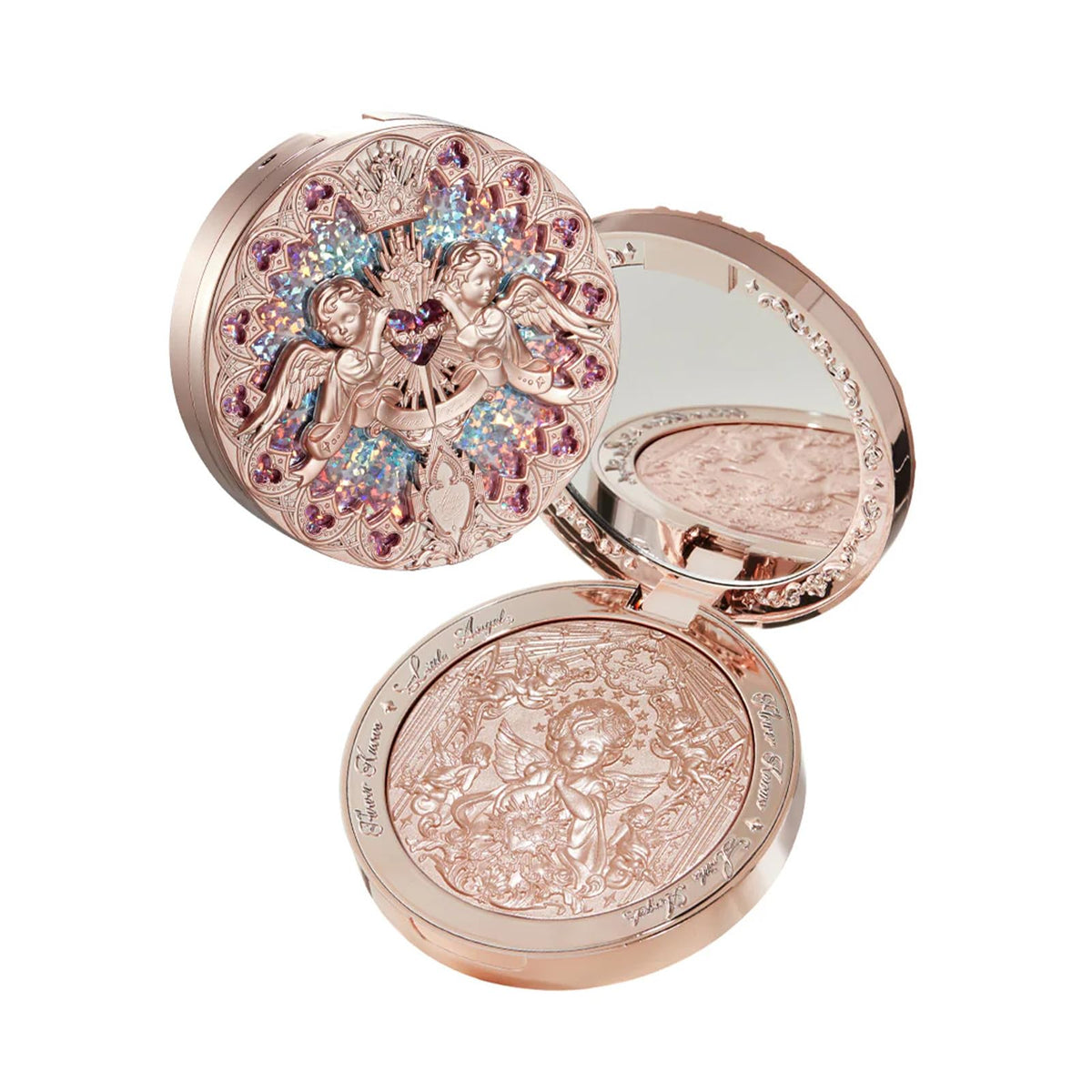 Flower Knows Little Angel embossed highlighter bottle in rose champagne for luminous skin.