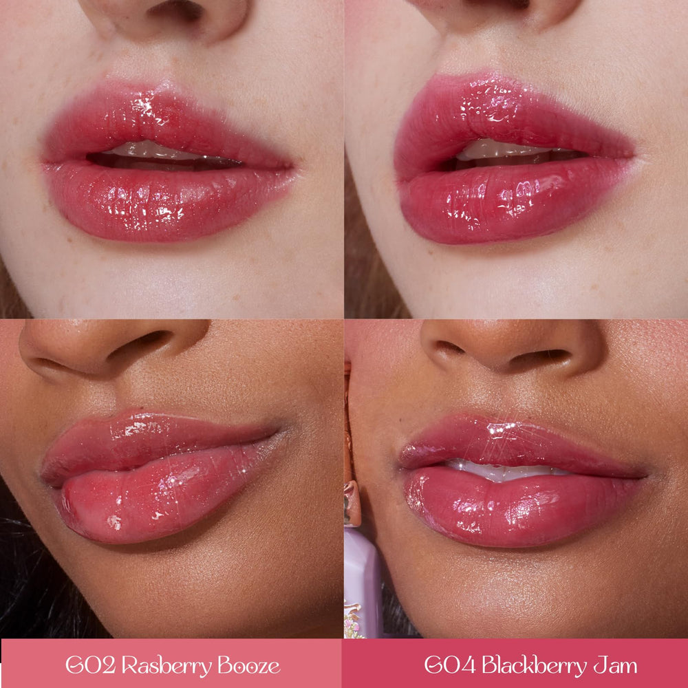 Flower Knows Raspberry Booze lip gloss adds berry shine and moisture