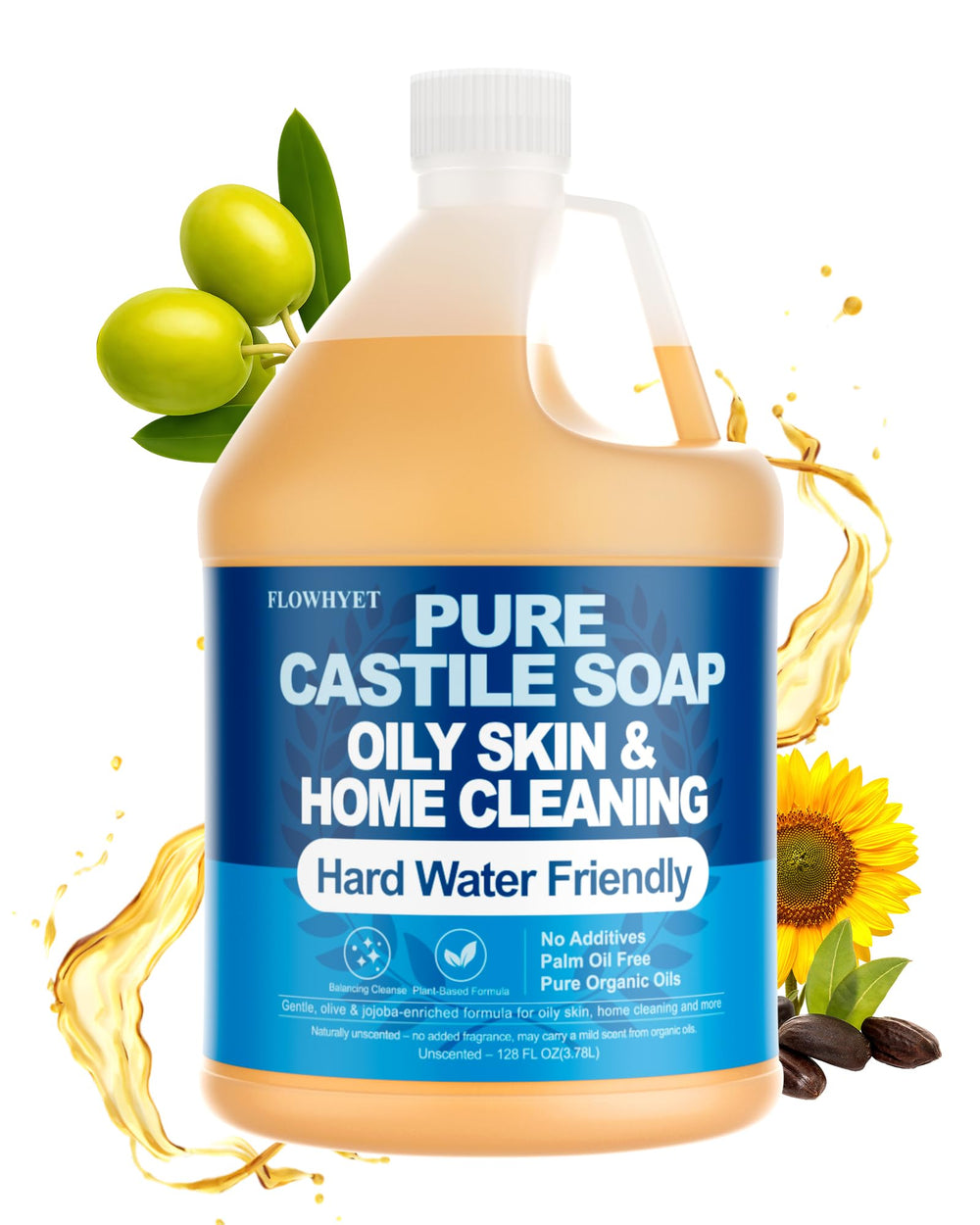 FLOWHYET 1 gallon bottle of pure castile soap for versatile cleaning tasks