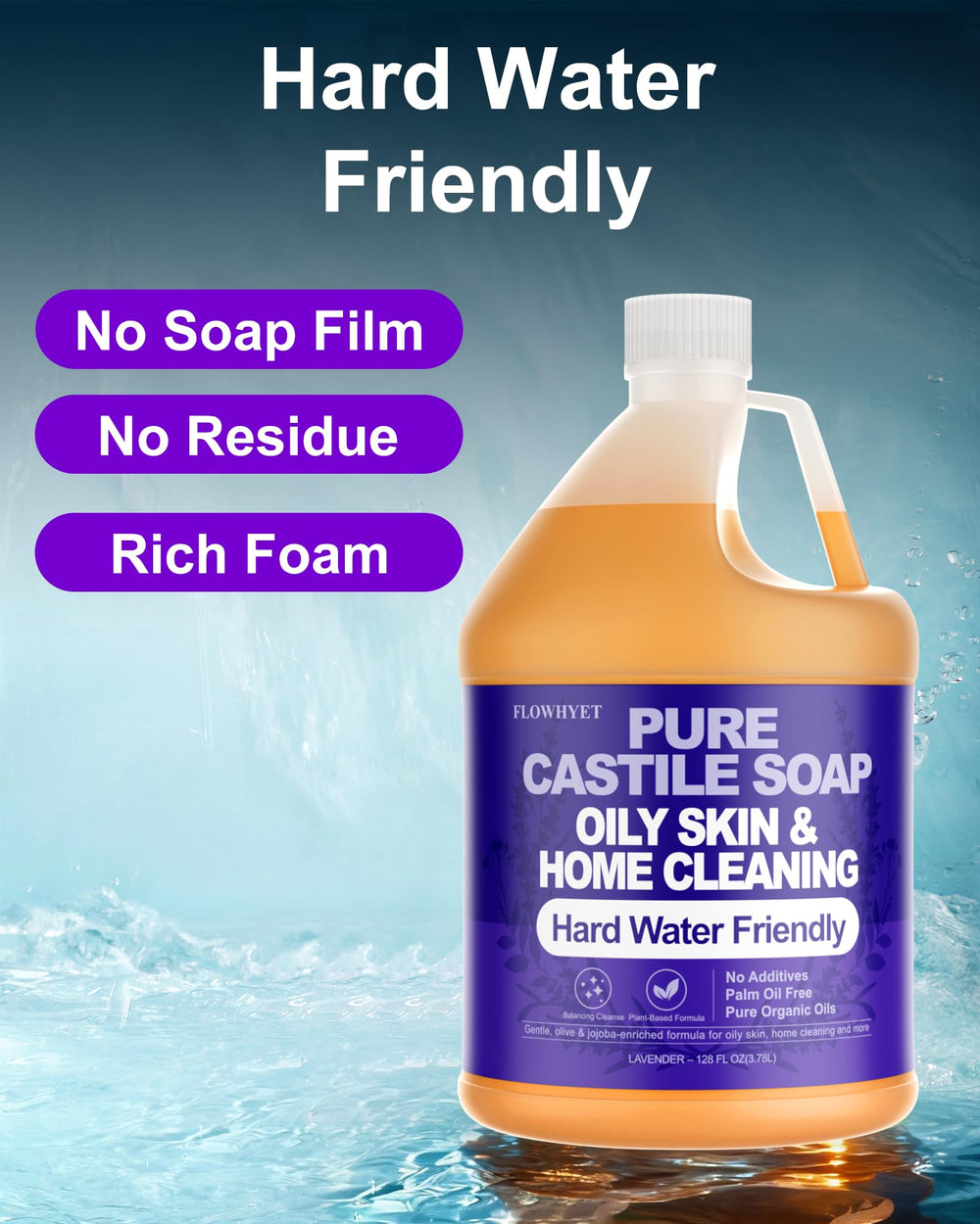 FLOWHYET castile soap foam close-up—rich lather from plant-based oils.