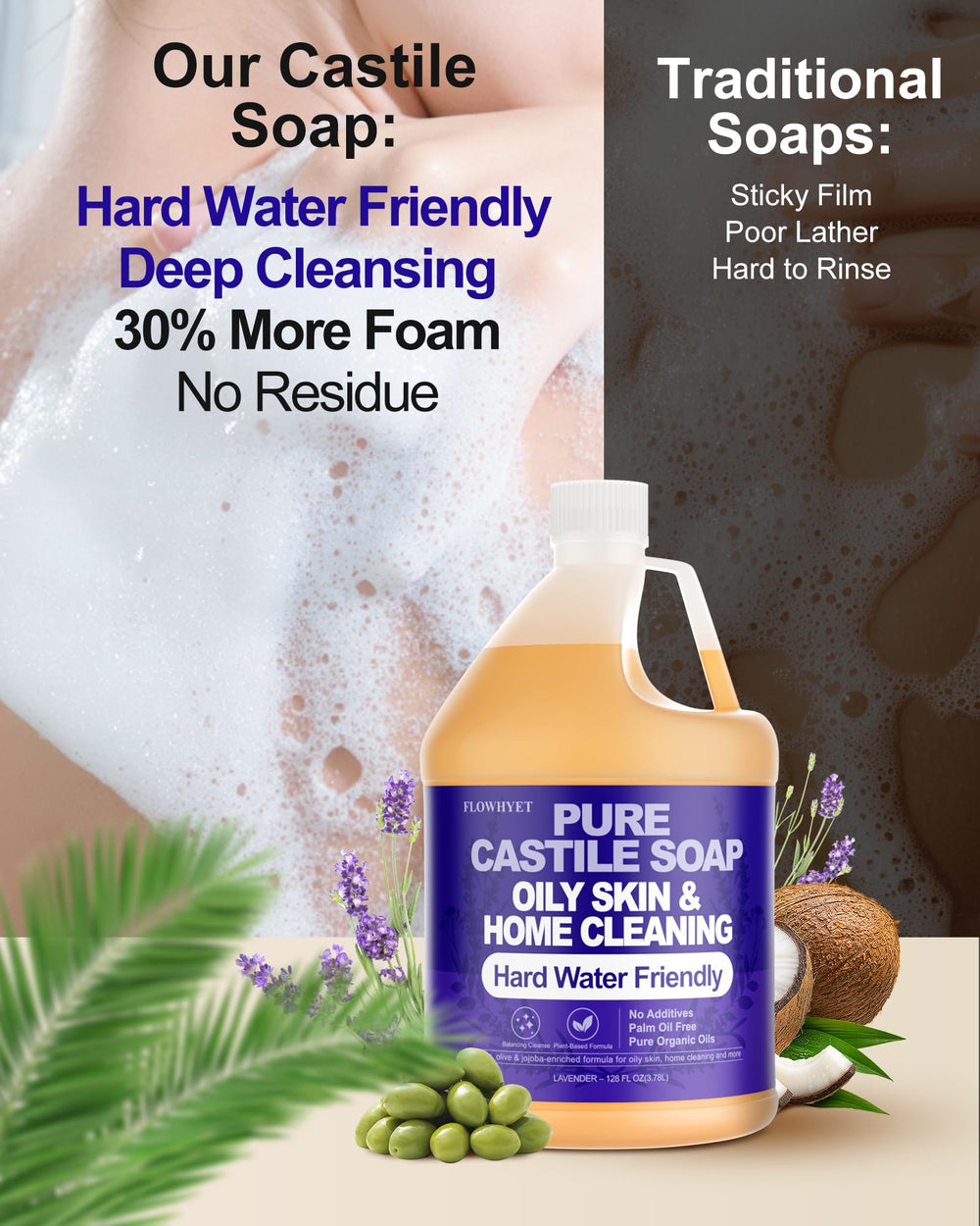 FLOWHYET lavender castile soap 1 gallon for versatile body and home care
