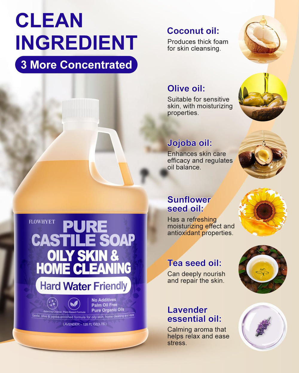 FLOWHYET hard-water-friendly castile soap liquid demonstrates residue-free cleansing