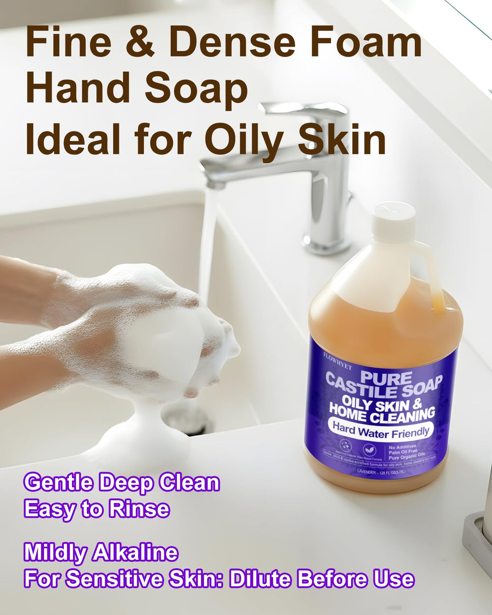 FLOWHYET lavender castile bottle dispense—easy foaming hand wash with soft floral scent.