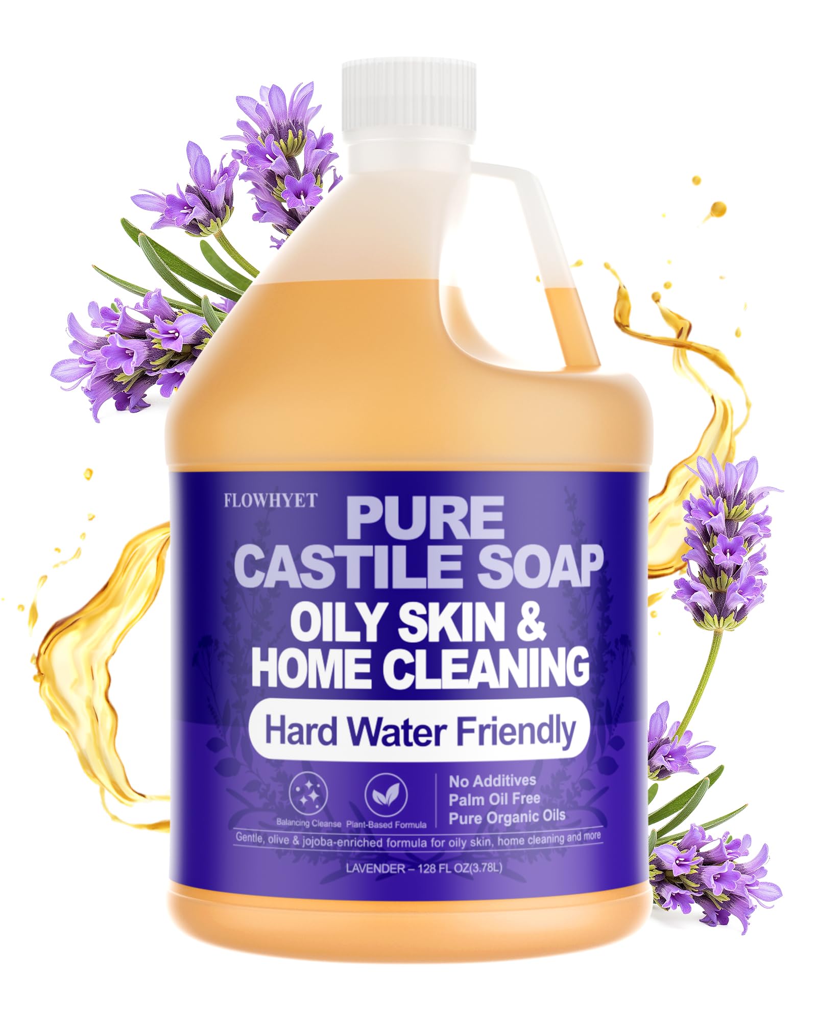 FLOWHYET lavender castile gallon refill—large, versatile cleaner for body, dishes, and laundry.
