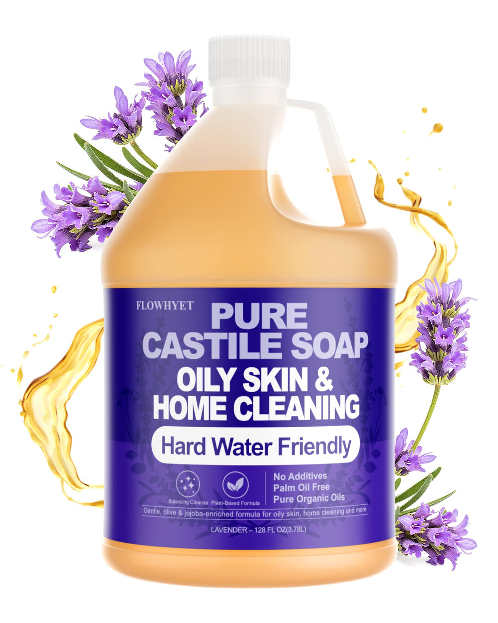FLOWHYET lavender castile gallon refill—large, versatile cleaner for body, dishes, and laundry.