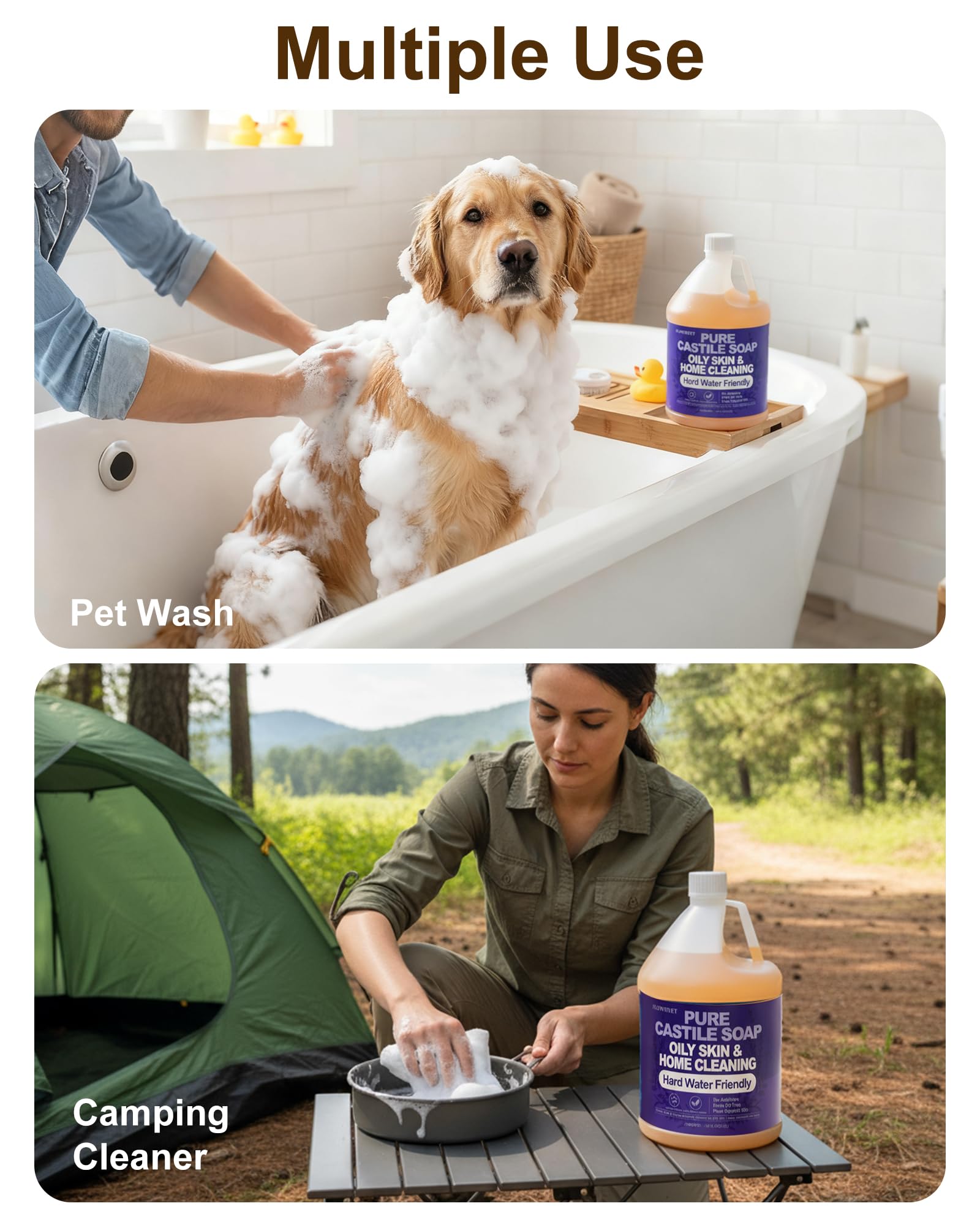 FLOWHYET multi-use cleaner for body, hair, dishes—gentle daily care.