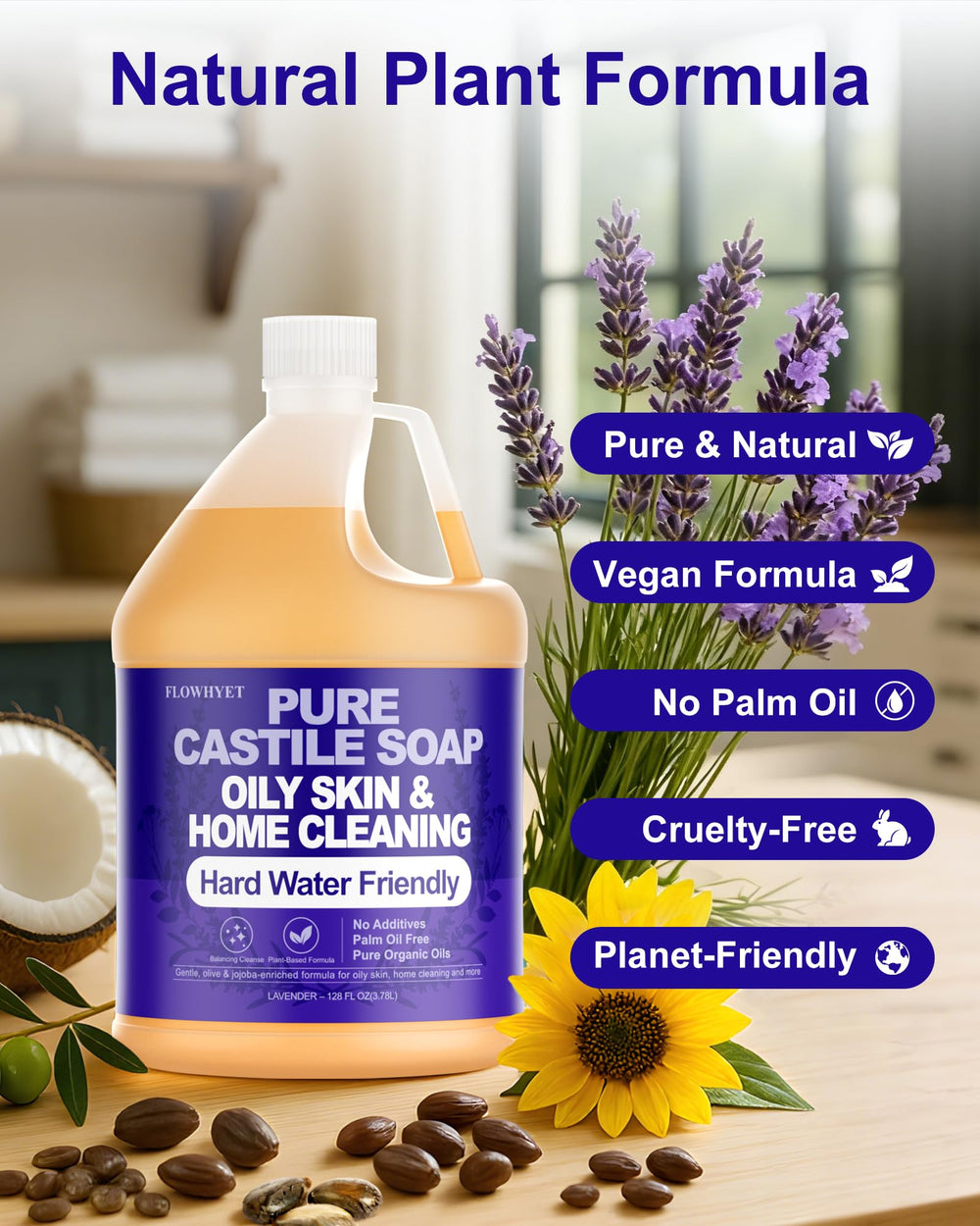 FLOWHYET organic castile soap liquid with natural plant oils for skin and cleaning