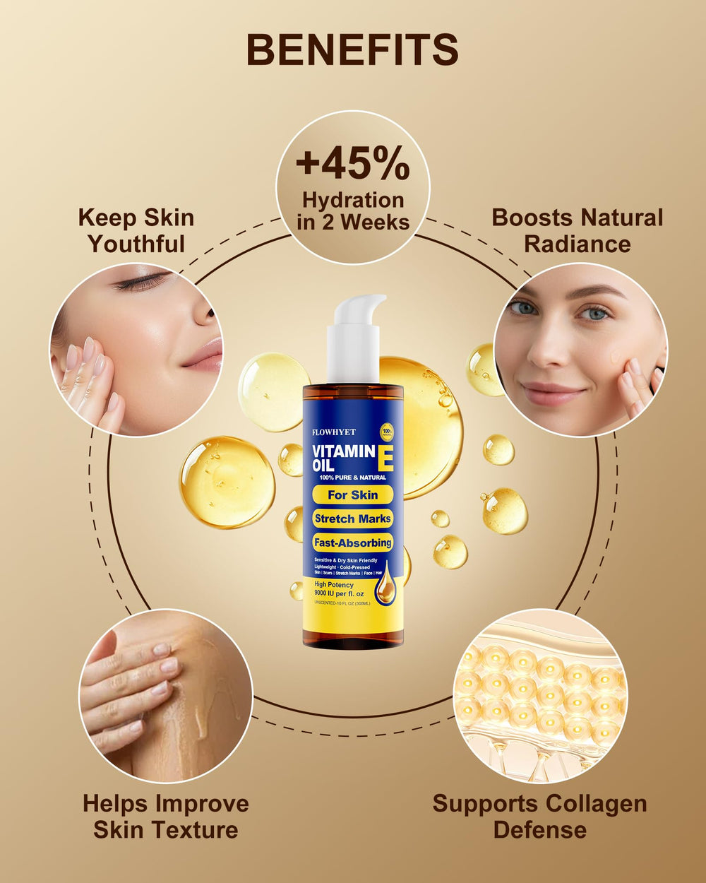 FLOWHYET stretch-mark care oil on skin supports gentle nourishment.