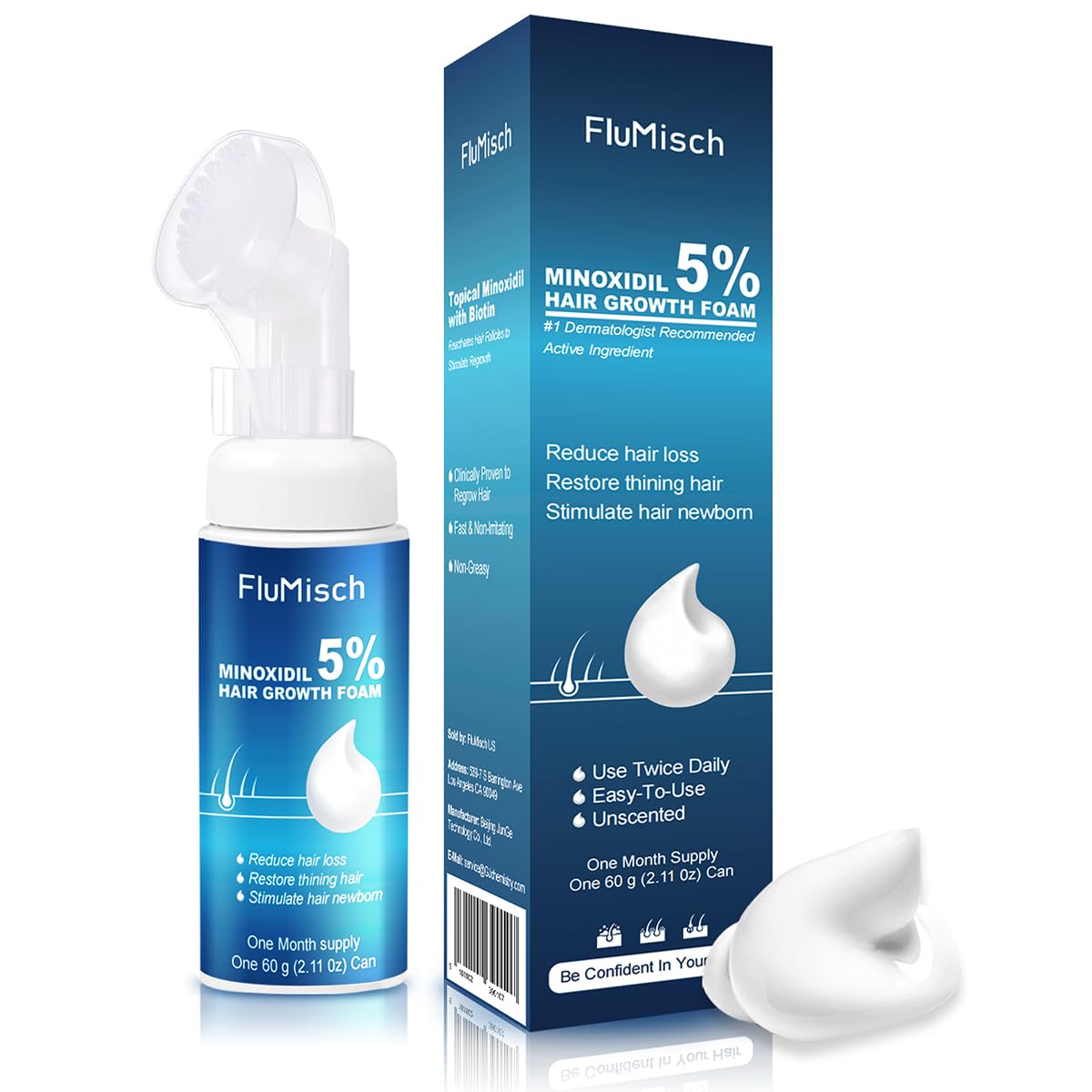 FluMisch Minoxidil Foam application head showing easy scalp dosing for effective absorption.