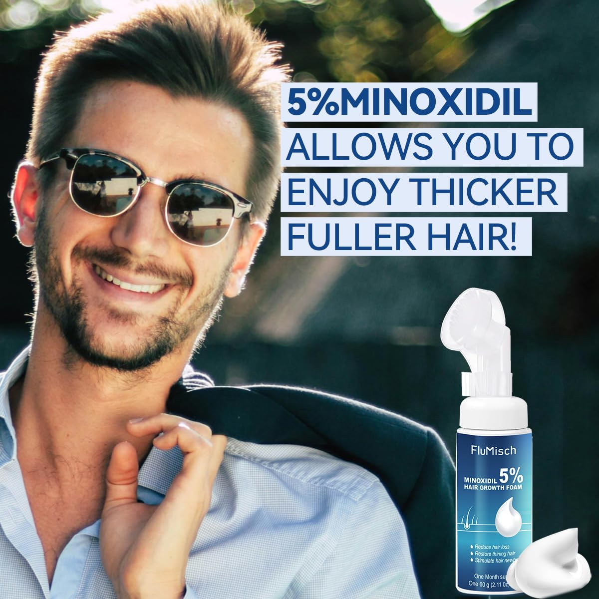 FluMisch minoxidil foam application on scalp suggests quick no-rinse routine