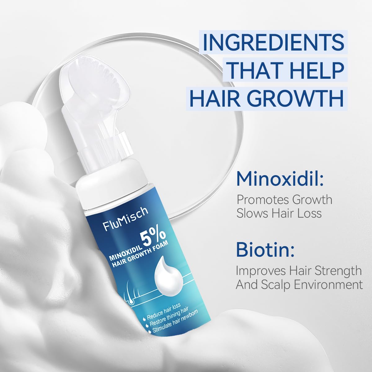 FluMisch minoxidil foam massage head shows gentle scalp absorption