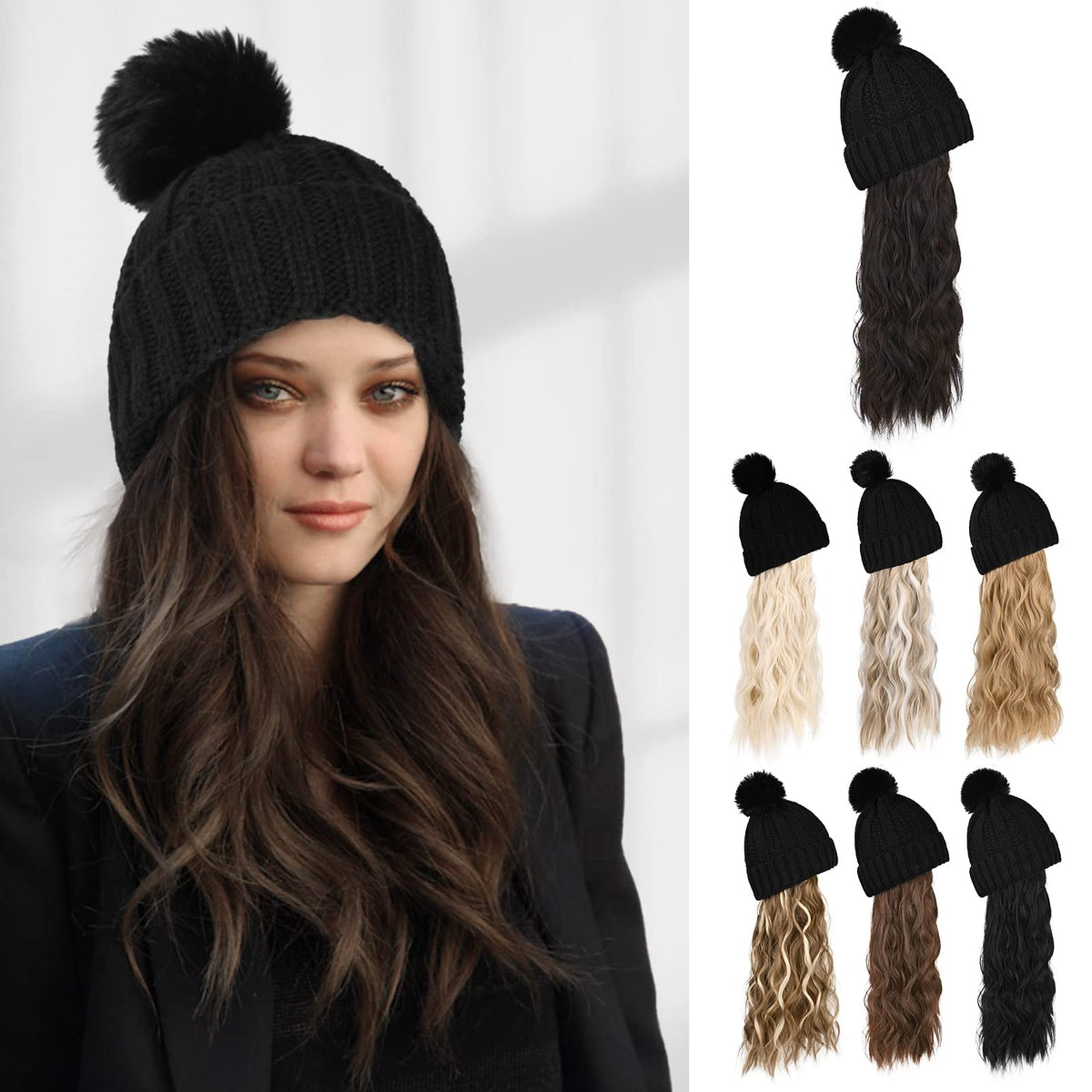 Flufymooz beanie wig with long wavy hair adds instant length for daily styling.