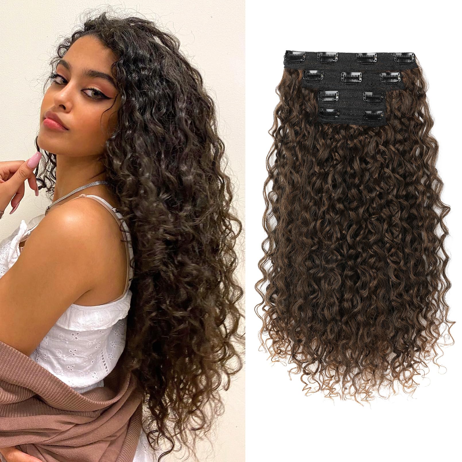 Flufymooz clip-in extensions in dark almond copper add natural volume and curl.