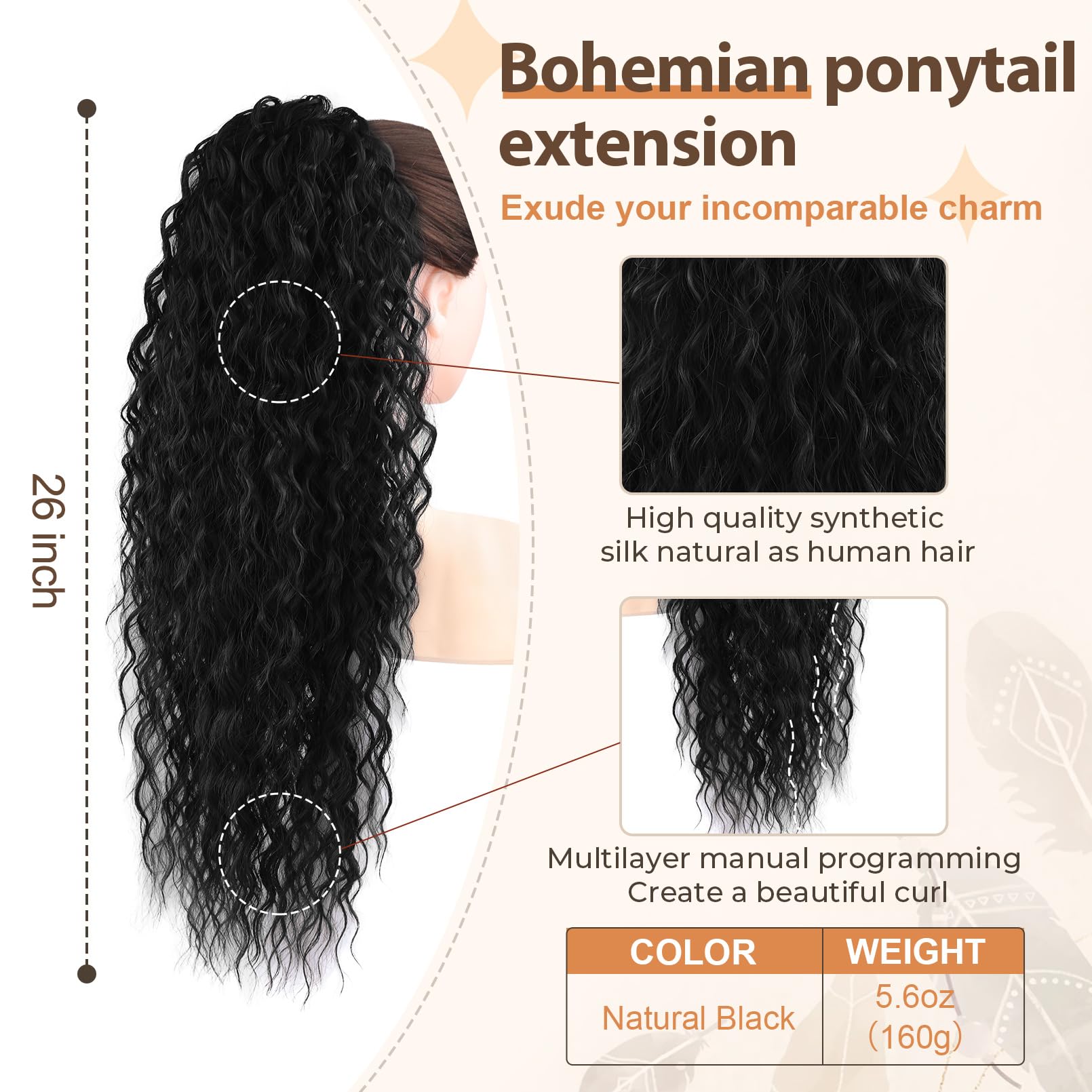 26-inch Flufymooz ponytail adds length and dramatic waves.