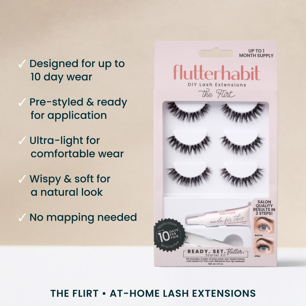 FlutterHabit Flirt Ready Set applicator aids precise lash placement.