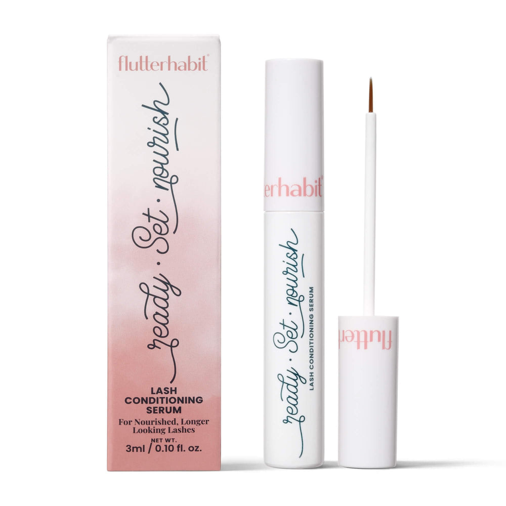 FlutterHabit Ready-Set-Nourish serum bottle close-up for healthier-looking lashes.