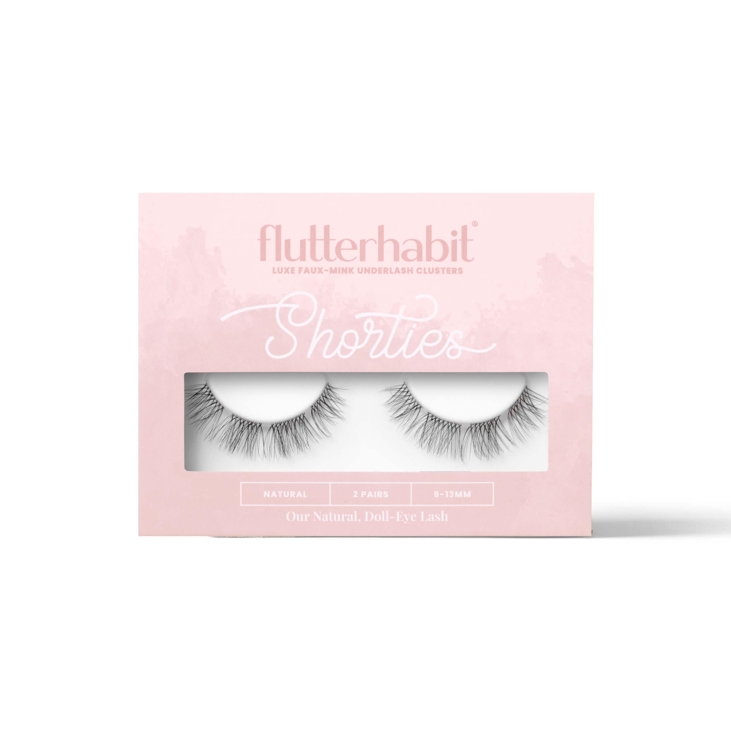 FlutterHabit Shorties lashes box with two sets for versatile DIY looks.