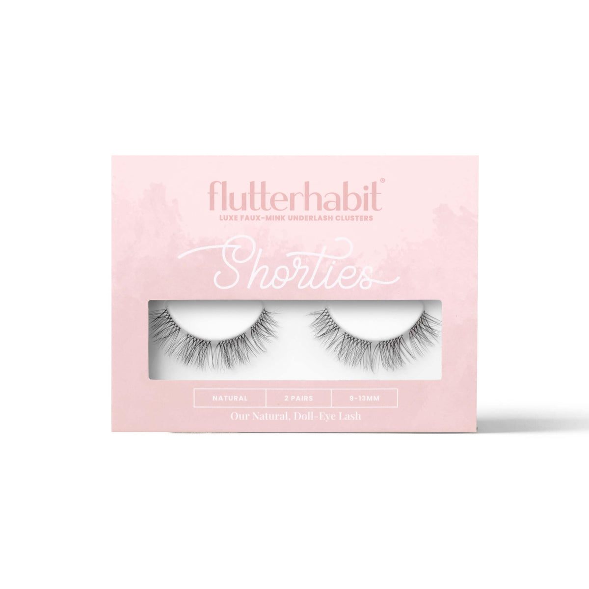 FlutterHabit Shorties lashes box with two sets for versatile DIY looks.