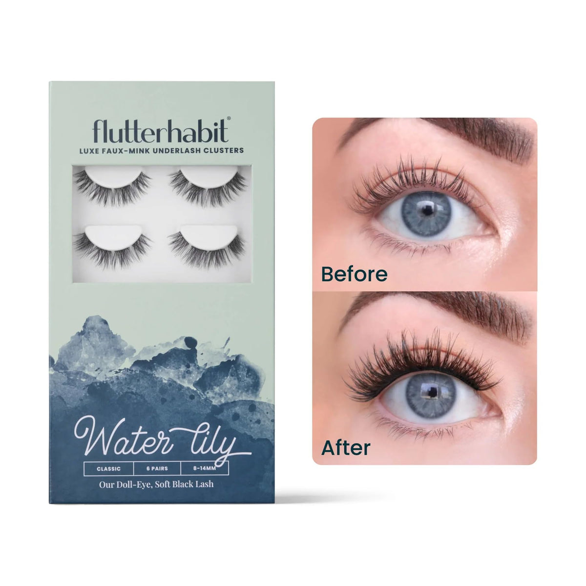 FlutterHabit Water Lily Lash Clusters packaging for easy at-home sets